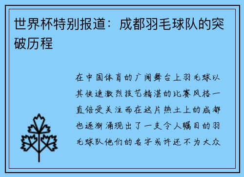 世界杯特别报道：成都羽毛球队的突破历程